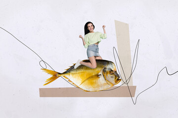 Photo collage minimal artwork of young excited funny positive girl riding fish celebrate successful...