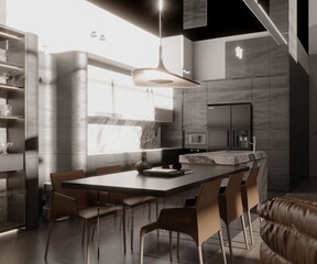3d render. Modern kitchen interior scene.