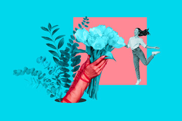 Photo comics sketch collage picture of arms giving flowers bunch excited lady isolated creative...