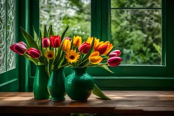 A bouquet of tulip and daisy flowers, placed in an emerald green ceramic vase, on a wooden surface, near an open window.