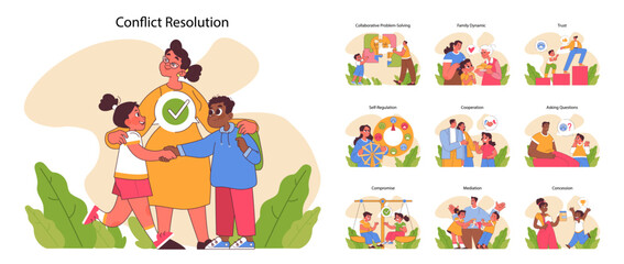 Conflict Resolution set. Harmonious interactions showcased through familial and social scenarios. From trust-building to cooperative compromises. Flat vector illustration
