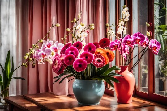 A bouquet of orchid and gerbera flowers, placed in a coral ceramic vase, on a wooden surface, near an open window.