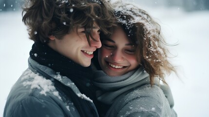 a sweet young lover playing together in winter with snow. enjoy dating at Christmas. generative AI
