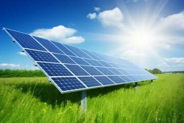 Photo collage of sunset and solar panel, photovoltaic, alternative electricity source - concept of sustainable resources