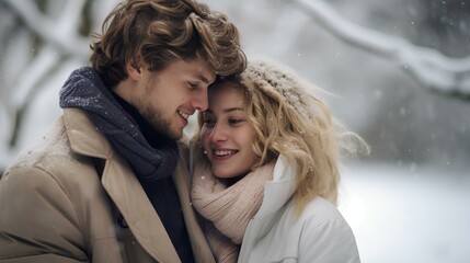 a sweet young lover playing together in winter with snow. enjoy dating at Christmas. generative AI