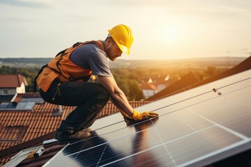 A Man Installing a Solar Panel on a Rooftop - obrazy, fototapety, plakaty