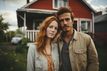 A Couple Poses in Front of Vibrant Red House with White Picket Fence