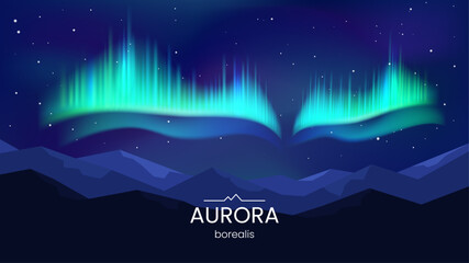 Arctic aurora borealis over the night starry sky. Aurora borealis. Mountain landscape background.  Bright glow in the arctic regions. Vector illustration. © i_mARTy
