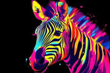 Fototapeta na wymiar Colorful Zebra in Vivid Hues Against a Dark Backdrop