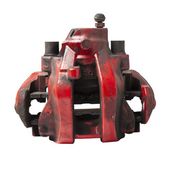 Old red metal brake caliper on a white background for replacement during the repair of the chassis...