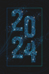 Abstract isolated blue image of new year number 2024. Polygonal low poly wireframe illustration looks like stars in the blask night sky in spase or flying glass shards. Digital web, internet design. © Katsiaryna