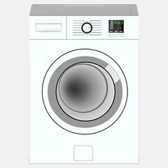 Realistic mockup of a washing machine. Modern self service laundry room, 3d laundry room, washing machine for household chores. Vector bathroom equipment for washing clothes.