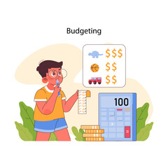 Budgeting concept. Boy calculates and assesses toy costs against savings, learning pocket money management. Acquiring life skills. Financial literacy for kids. Flat vector illustration