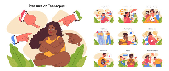 Pressure on teenagers set. Teens navigating societal judgments, exploring self-worth, academic hurdles, and societal influences. Body image concerns and parental expectations. Flat vector illustration