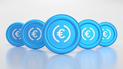 eurc, EURC, Five crypto coins in a row on a white background, with the central coin prominently displayed and the others subtly receding, 4k 3d render, 3d illustration