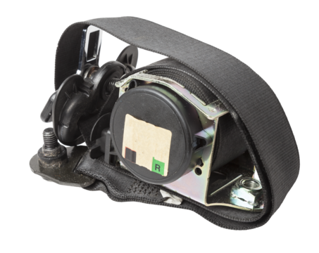 Spare part and interior element black seat belt from a car on a white isolated background. Auto service industry.