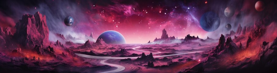 Purple Space Landscape with Vibrant Objects