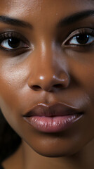 Vertical close-up of model. Make-up, smooth skin. Fashion, editorial concept.