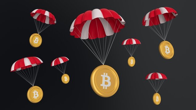 btc, Bitcoin, airdrop coins falling for a cryptocurrency concept, many coins going parachute chute down falling bounty. white background. symbol and ticker icons. 4k 3D rendering
