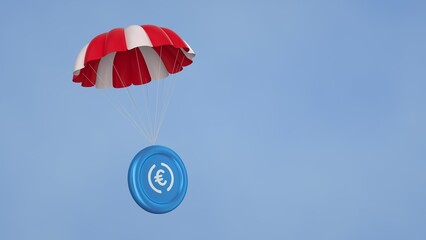 eurc, EURC, airdrop coins falling for a cryptocurrency concept, many coins going parachute chute down falling bounty. white background. symbol and ticker icons. 4k 3D rendering - obrazy, fototapety, plakaty