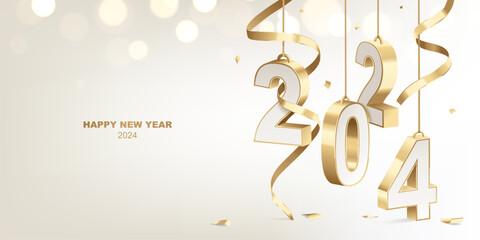 Happy New Year 2024. Decoration of golden white 3D hanging numbers with ribbons and confetti, holiday card design.