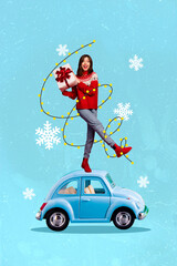 Vertical winter collage artwork of funky woman holding wrapped white gift box surprise transportation car delivery on blue snowy background