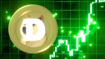 doge, Dogecoin, 3D illustration of a bullish market featuring glow green trading candles and up...
