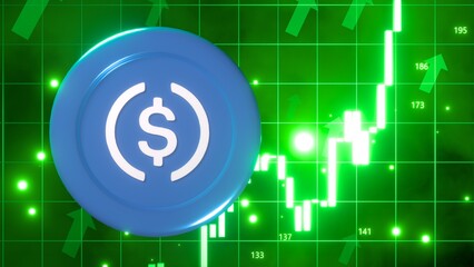usdc, USD Coin, 3D illustration of a bullish market featuring glow green trading candles and up...