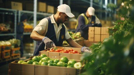 a warehouse worker handling boxes of produce, such as tomatoes and apples, in a storage facility