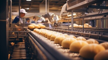 a bread factory with bread rolls on a conveyor belt, workers in blue uniforms and white hard hats, and machinery used in bread production.Background