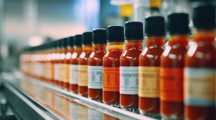 a production line in a factory where hot sauce bottles are being filled, sealed, and labeled. The machinery is inspecting the bottles on a conveyor beltBackground - obrazy, fototapety, plakaty