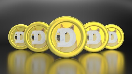 doge, Dogecoin, Five crypto coins in a row on a black background, with the central coin prominently displayed and the others subtly receding, 4k 3d render, 3d illustration,  - obrazy, fototapety, plakaty