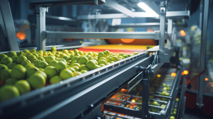fruit processing factory where apples are being sorted and transported on conveyor belts. The machinery and equipment used in the processing and packaging of the fruit are visible.