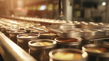 a production line in a factory where canned food is being manufactured. The process involves automated machinery and conveyor belts that fill cans with food and place lids on them.Background