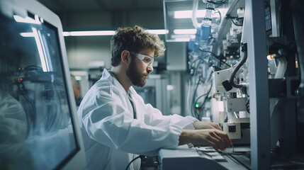 scientist conducting an experiment in a modern, futuristic laboratory using advanced equipment like a microscope and computer.