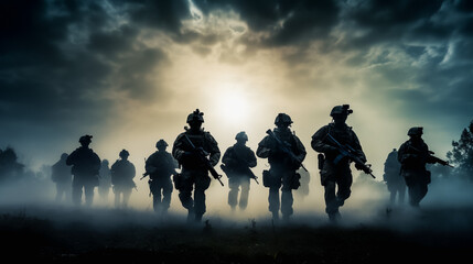 Silhouette photo group of military soldiers marching outdoor in battlefield patrol. Infantry army war battle marching dramatic light scene.