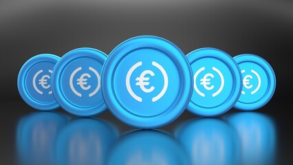 eurc, EURC, Five crypto coins in a row on a black background, with the central coin prominently displayed and the others subtly receding, 4k 3d render, 3d illustration, 