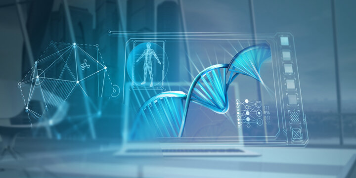 A model of a human DNA spiral on a light blue background, 3D rendering.
