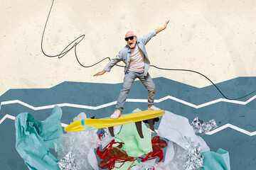 Collage photo of funny energetic pensioner man standing surfing board in ocean garbage water...