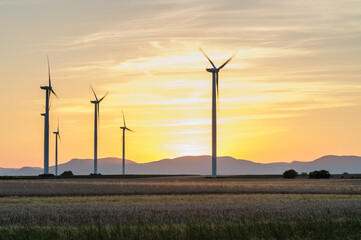 Obraz premium Erneuerbare und nachhaltige Energieerzeugung mit rotierenden Windrädern, abends im Gegenlicht auf freiem Feld 