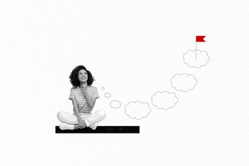 Creative abstract template graphics collage image of smiling dreamy lady thinking plan achieving success isolated white color background