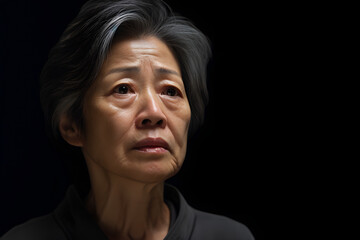Mature grey-haired Asian woman portrait on black background. Neural network generated photorealistic image. Not based on any actual person or scene. - obrazy, fototapety, plakaty