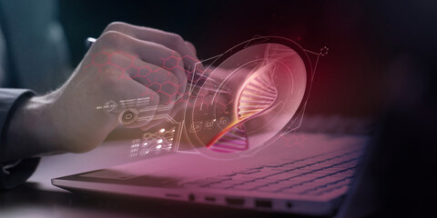 Infographics about medicine in the form of a projection of a damaged DNA