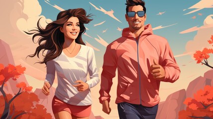 Happy couple jogging together and enjoying autumn with smiles - obrazy, fototapety, plakaty