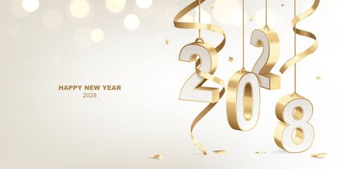 Happy New Year 2028. Decoration of golden white 3D hanging numbers with ribbons and confetti, holiday card design.