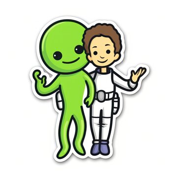 Cute cartoon alien boy sticker on white background. Alien Sticker Isolated. Logotype. Sticker. Extraterrestrial Life Concept.