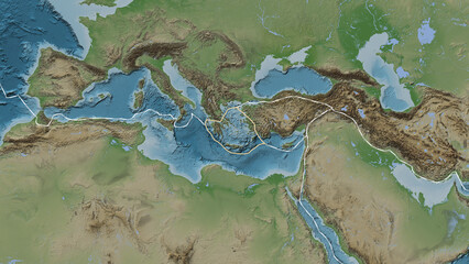 Aegean Sea plate outlined. Eckert III. Topografic