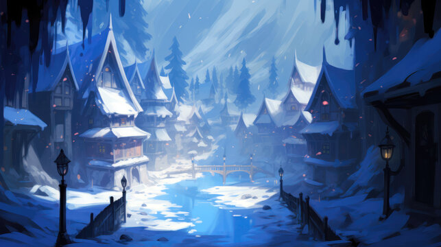 Digital painting of a winter town with snow covered houses