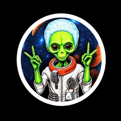 Space alien on a background of the planet of the solar system. Alien Sticker Isolated. Logotype. Sticker. Extraterrestrial Life Concept.