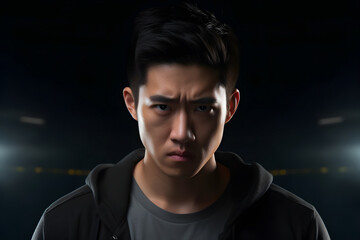 Fototapeta premium serious young adult Asian man, head and shoulders portrait on black background. Neural network generated photorealistic image. Not based on any actual person or scene.